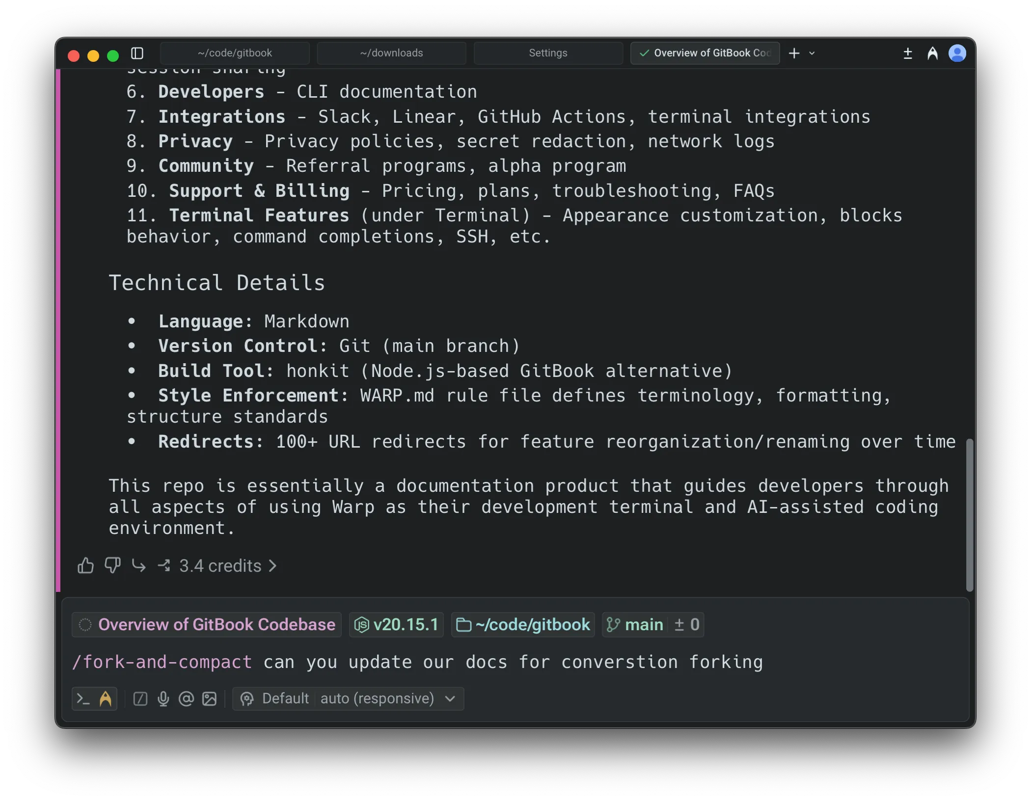 Using the /fork-and-compact slash command to fork and summarize a conversation